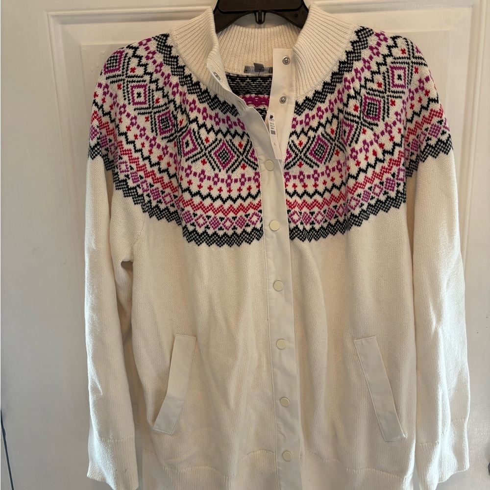 NWT Talbots Cream Cardigan with Pink and Black Pattern